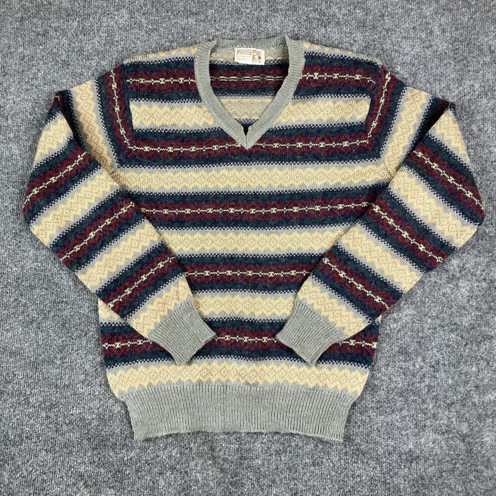 Montgomery Ward Sweater Mens L Wool Blend Multicolor Stripe Vtg Knit Pullover